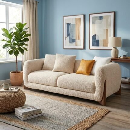 Kabil Boucle Sofa, Teddy Fabric, Solid Wooden Legs, for Living Room, Bedroom, Hallways (2 Seater)