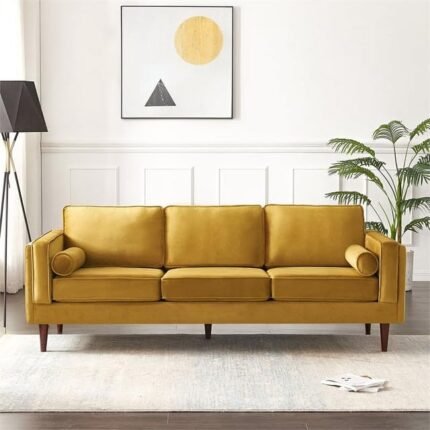 Kabil Mid Century Velvet Sofa Couch Modern Pillow Back 3 Seater Sofa with 2 Bolster Pillows