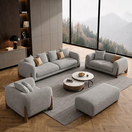 Kabil Boucle Sofa, Teddy Fabric, Solid Wooden Legs, for Living Room, Bedroom, Hallways (Dark Grey 3+2+1+Ottoman)
